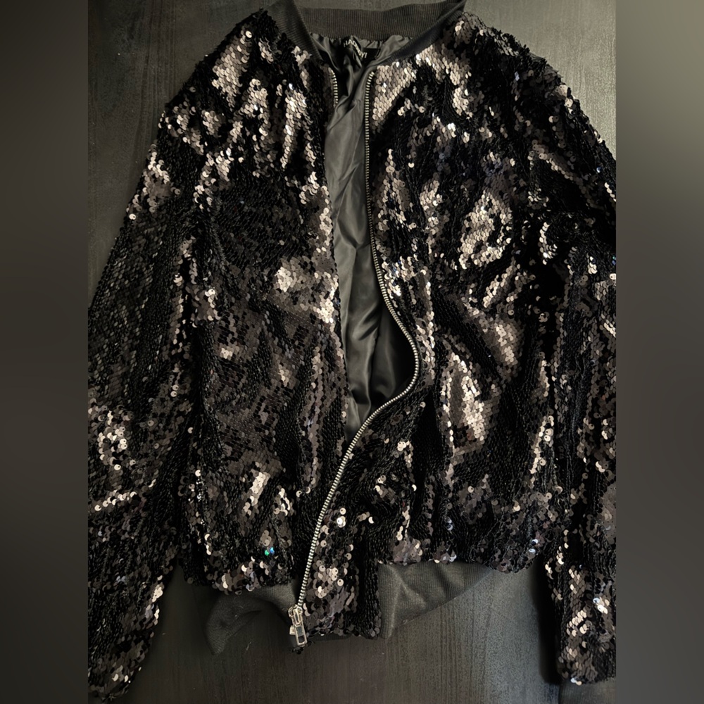 Amazon Women's Mermaid Sequin Lightweight Zipper Bomber Jacket (Small, Black)